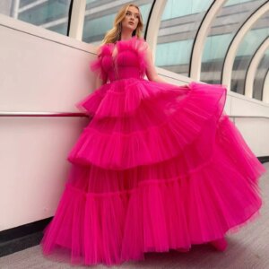2025 Neon Green Maxi Gowns Enchanting Fuchsia Tiered Tulle Prom Gowns A-line Tulle Formal Party Dress Ruffles Tulle Sweetheart