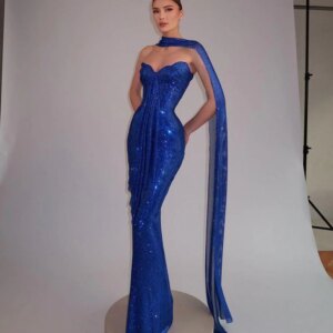 Sexy Elegant Strapless Sleeveless Trumpet Blue Floor Length Shine Sequins High Quality Fit Formal Occasion Marry Female Gowns