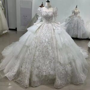 Wedding Dress For Bride 2025 Long Sleeve Square Collar Lace Up Back Ball Gown Sequined Beading Embroidery Bridal Dress