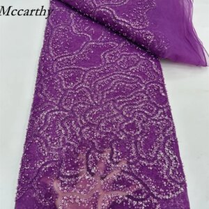 African 3D Beaded Fabric Sequins Embroidery 2025 High Quality French Tulle Beads Lace Fabric for Wedding Luxury Fashion 5 Yards