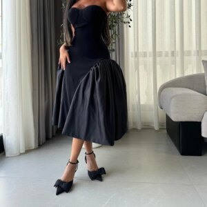 Customized Modern Draped Ruched  Strapless Tea Length A-Line Bespoke Occasion Gowns Jersey Sleeveless Zipper Back Girdling فساتي