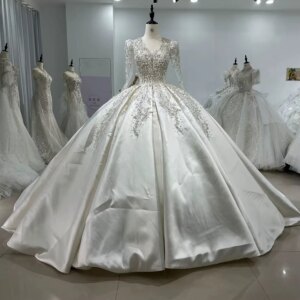 Lace Wedding Dress Long Sleeve V-Neck Lace Up Keyhole Back Ball Gown Sequined Beading Embroidery Luxury Bridal Dress