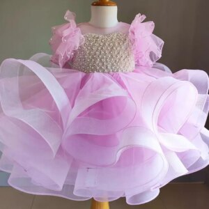 2024 Luxury Girls Pink pearl Children Fluffy Short sleeve Princess Dress Wedding Gown Kids Dresses baby Birthday Party Dress