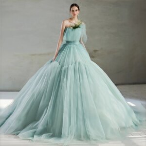 A Line Elegant Mint Green Tulle Ball Gown Princess Bridal Shower Dress Fluffy Colored Wedding Gown