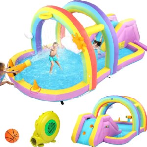Inflatable Water Slide w/Climbing Wall, Water Cannon, Basketball Hoop, Kids Water Slide Bounce House w/Arch Sprinklers, 30s Blow