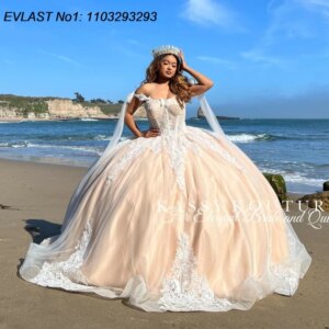 EVLAST Customized Sparkly Champagne Quinceanera Dress Ball Gown White Lace Applique Beading Sweet 16 Vestido De 15 Anos E1Q291