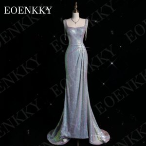 EOENKKY Luxury Slim Sexy Evening Dresses Mermaid Square Collar Bead Tassel Sequin Split Long Prom Dress Women Customized Party
