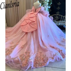 Pink Illusion Long Sleeve Bow Quinceanera Dresses Ball Gown 3D Butterfly Beading Corset Vestidos De XV Anos
