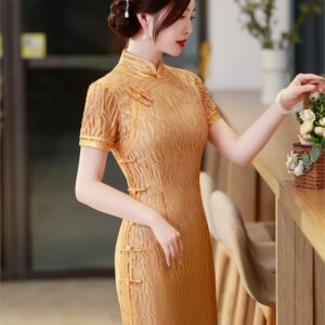 Ladies long slim-fit silk cheongsam runway banquet dress lace