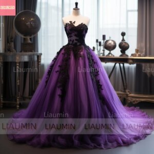 Purple Tulle Black Lace Edge Applique Full Length Lace Up Back Evening Dress Brithday Formal Occasion Elagant Customized W1-9