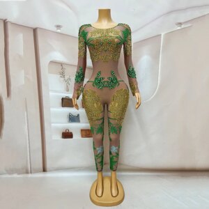 STOCK Skinny Rhinestone Jumpsuit Nightclub Party Suit Sexy Female Evening Dress Performance Outfit Платье Брюки Женское Вечернее