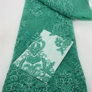 African Nigerian embroidery tulle lace fabric high quality african beads lace fabric for french net wedding dress green