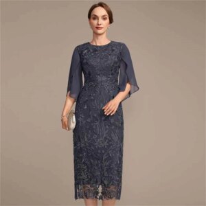 Customized sexy Exquisite Tea length stampa Crew Simple Mother of the bride Evening Dress Printing Chiffon Half shoulder Party