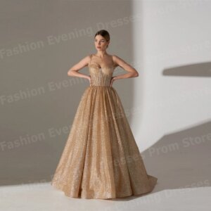 Shiny Women A Line Evening Dresses Glitter Spaghetti Strap فساتين سهرات Sleeveless Prom Gowns Customized Sweetheart فساتين سهرة