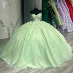 Customized Gliitering Sage Green Quinceanera Dresses Luxury Flower Lace Beading Birthday Party Ball Gown Vestidos De 15 Anos