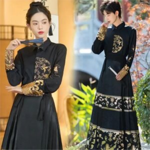 Exquisite Flowers Chinese Style Embroidery Shirt Men’s Long-Sleeved Woven Gold Skirt Hanfu Martial Arts Women’s Suit