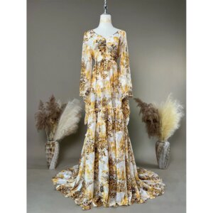 Don&Judy Maternity Dresses Photoshoot Yellow Printed Chiffon Elegant V-neck Long Sleeves Party Wedding Gown Baby Shower Gifts