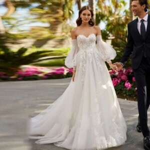 Sweetheart Puff Sleeve Wedding Dress for Women Appliques Lace Backless Vestidos De Novia Custom Made Sweep Trian Bridal Gowns