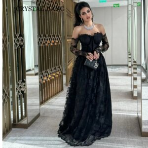Classic Long Black Prom Dresses Off the Shoulder Lace Full Sleeves A Line Floor Length Vestido Formatura