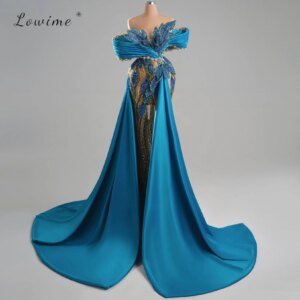 Lowime Off Shoulder Mermaid Party Dress With Luxurious Satin Train Exquisite Beading Evening Prom