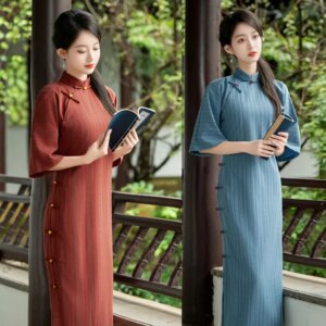 Full Cardigan Blue Retro Style Striped Cheongsam Qi Pao Autumn New Ancient Single Layer Large Sleeve Improved