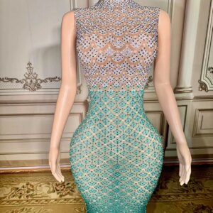 SWEMILE Luxury Diamonds Sheer Mesh Mermaid Evening Dress Sexy Black Girl Illusion High Neck Sleeveless Prom Gown Birthday Party