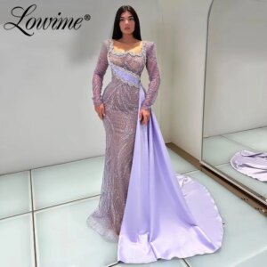 Elegant Purple Arabic Evening Dress Long Sleeve Crystals Mermaid Dubai Party Gowns Beaded Abendkleid Luxury 2024 Customized Robe