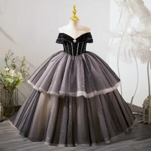 Children’s dress 2025 spring new temperament girls one-word shoulder princess dress girls model catwalk performance dress