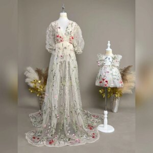 Don&Judy Tulle Embroidered Lace Dress Mother Daughter Photography Clothes Family Commemorative Photo Shoot Clothing New Style