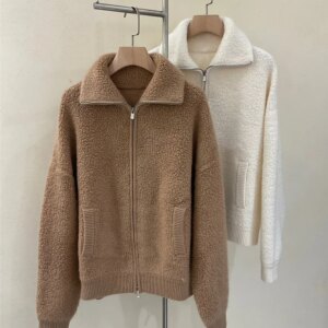 Women’s Lambswoo Cardigan Top, Large Lapel, Long Sleeve, Loose Jacket, Thick Warm Coat, Knitwear, Winter, Fall