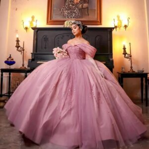 Customized peach pink Off Shoulder Quinceanera Dres Tull sequin applique Lace crystal vestidos de 15 Quinceanera 