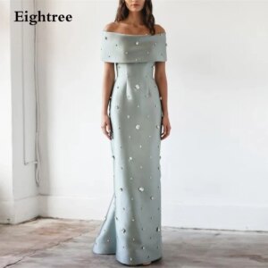 Eightree Modern Mint Green Beach Prom Gowns Crystals Off Shoulder Dubai Saudi Boat Neck Evening Dresses Satin Beads Customized