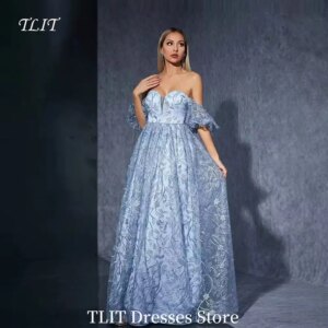 TLIT Sexy Light blue Tulle Embroidery Evening Dress Strapless Floral Print Prom Gowns Customized Backless Formal party