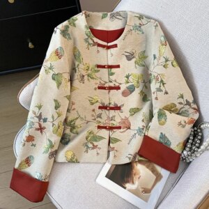 New Chinese style improved small round neck Hanfu brocade tray button jacquard heavy embroidery blouse cardigan coat