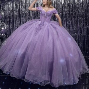 Lavender Shiny Quinceanera Dresses Off Shoulder Ball Gown Sweet 16 Dress Beading Crystal Flower Tull Birthday Party Vestidos 15
