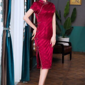 Festive Jacquard High Quality Real Silk Cheongsam Qipao Women’s Dress New Improved Banquet Daily
