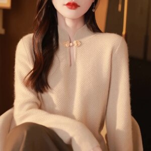 Style Traditional Mandarin Collar Wool Knit Bottoming Shirt 24 Autumn and Winter New Women’s Warm Long Sleeves
