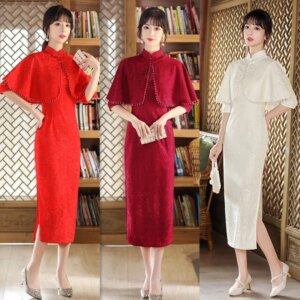 Synthetic Lace Shawl Cheongsam Qi Pao Suit Spring and Autumn New Fashion Improvement Young Lady Wedding Red Dress