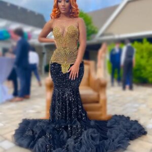 Customized Sexy Black Velvet Mermaid Prom Dresses Gold Crystal 2025 Girl Ruffles Wedding Party Gowns Sexy Evening Maxi Robe