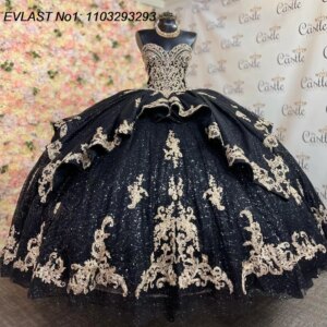 EVLAST Customized Glittering Black Quinceanera Dress Ball Gown Gold Lace Applique Beading Sweet 16 Vestido De 15 Anos E1Q387