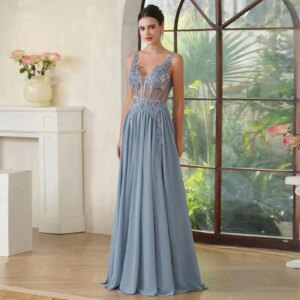 New sexy backless Evening dress Chiffon Decal A line transparent V-neck backless long formal pageant party ball dress