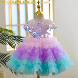 Girls Princess Dress Short Sleeve Tutu Dress Performance Dress Wedding Flower Girls For Evening Birthday Dreamy Glitter Sequins