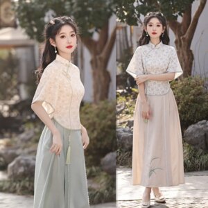 Women’s Cheongsam Qi Pao Top Suit Spring and Summer Fashion Young Girl’s Large Sleeve