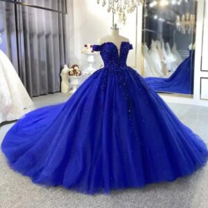 Customized Royal Blue Shiny Quinceanera Dresses Party Long Sequin Appliques Tulle Lace Birthday Party Dress Robes De Ball