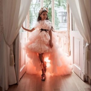 High Low Girls Pageant Dresses Ball Gown Strapless Tulle Tiered Flower Girl Dresses For Weddings First Communion Kids Baby