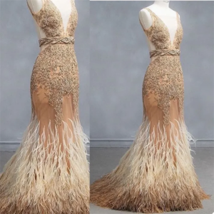 Champagne Glitter Prom Dresses Feather Sequined Beads Mermaid Luxury Sexy V Neck Sleeveless Pageant Evening Gowns Custom Made