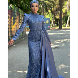 Saudi Arabia Satin Beaded Sequin Evening Dresses Long Sleeves Mermaid Elegant Vestido De Fiesta Customized