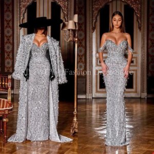 Luxury Women Sequined Evening Dresses 2 Pieces Floor Length Strapless Mermaid Prom Gowns Shiny Full Length Jacket Gowns