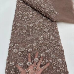 Brown Luxury African Sequin Lace Fabric 2025 High Quality French Nigerian Groom Bead Lace Fabric for Sewing Wedding Dress Q411-1