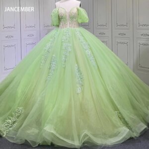 Ball Wedding Beauty Pageant Green Off-Shoulder Dance Party For Party Lace Tulle Court Train Formal Birthday Princess Gowns